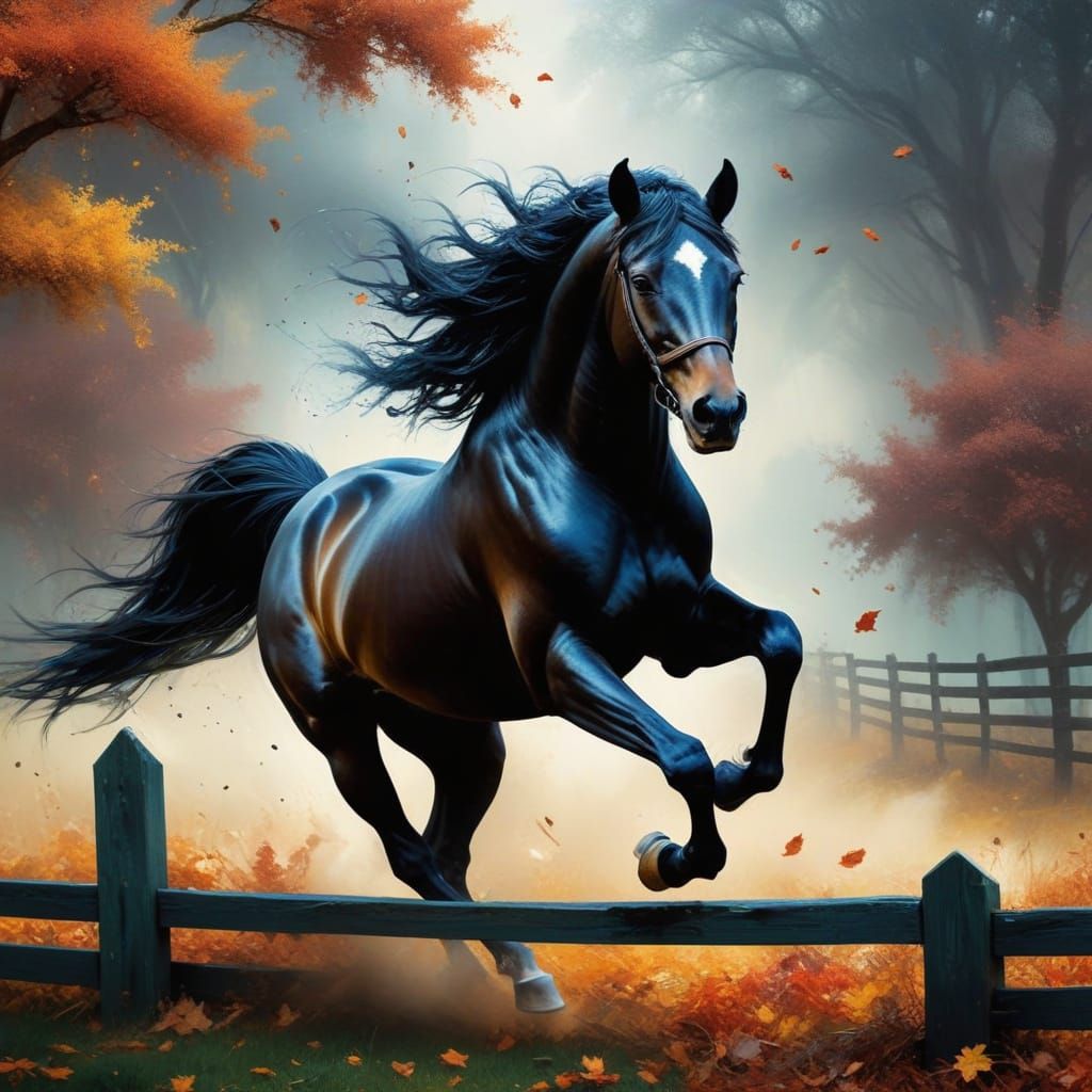 Elegant Black Stallion Leaps Over Autumn Fence