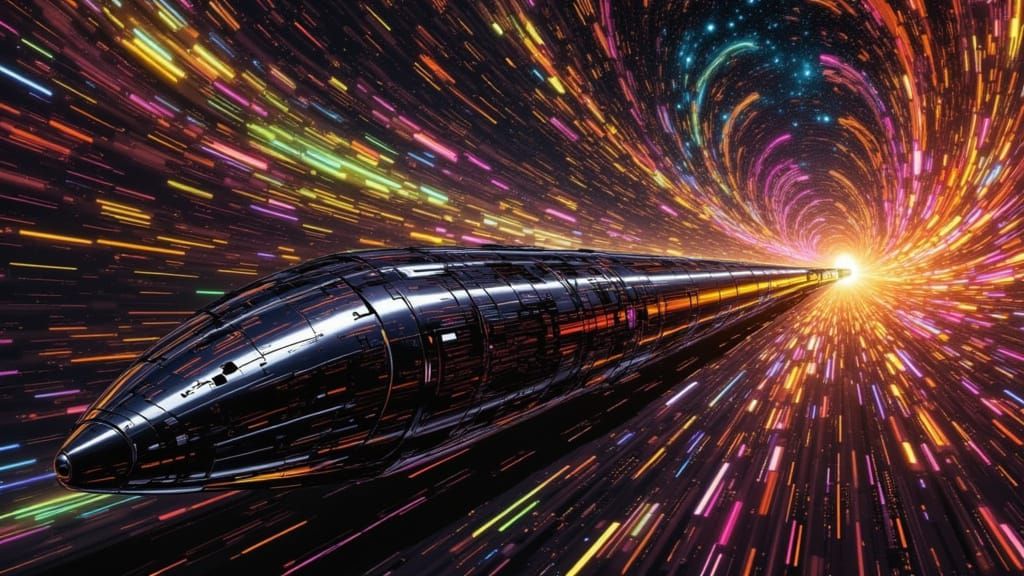 Klimt-Inspired Space Cylinder Racing Through Nebula