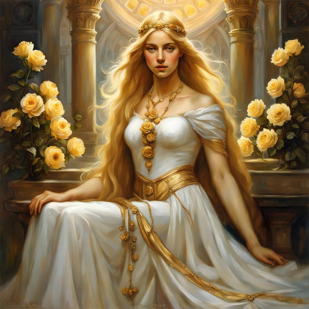 Medieval Maiden with Golden Roses, Waterhouse Style