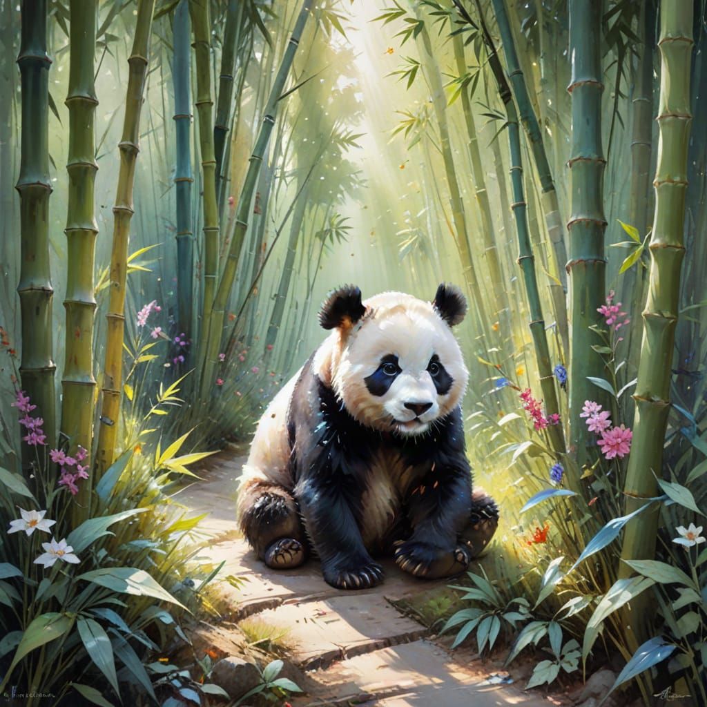 Adorable Panda on Sunlit Path in Watercolor Style