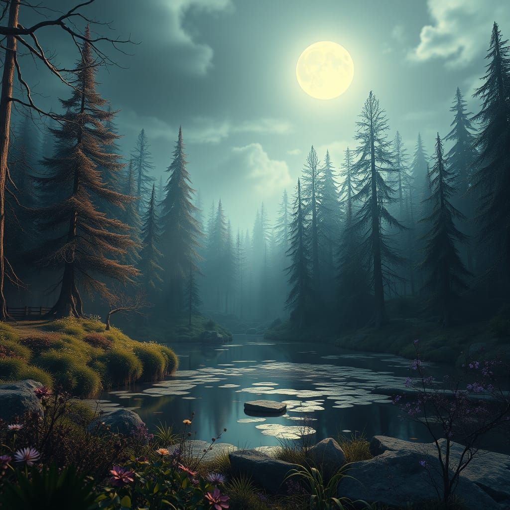 Enchanted Forest and Moonlit Pond: a Matte Painting