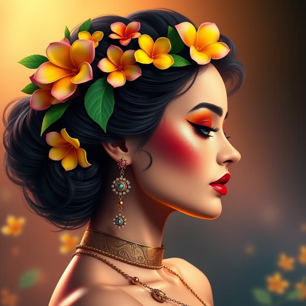 Woman's Profile Portrait Adorned with Flowers and Jewelry