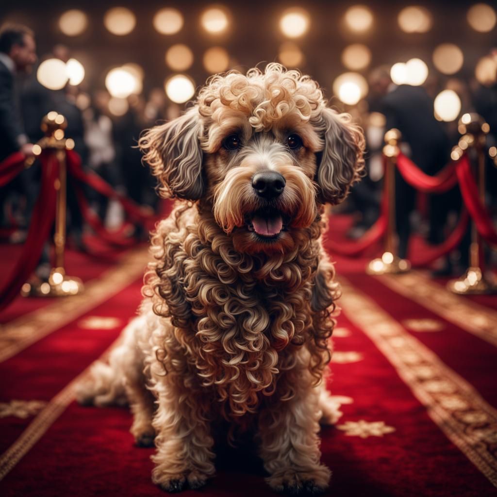 Curly Dog on Red Carpet, Hyperrealistic Style
