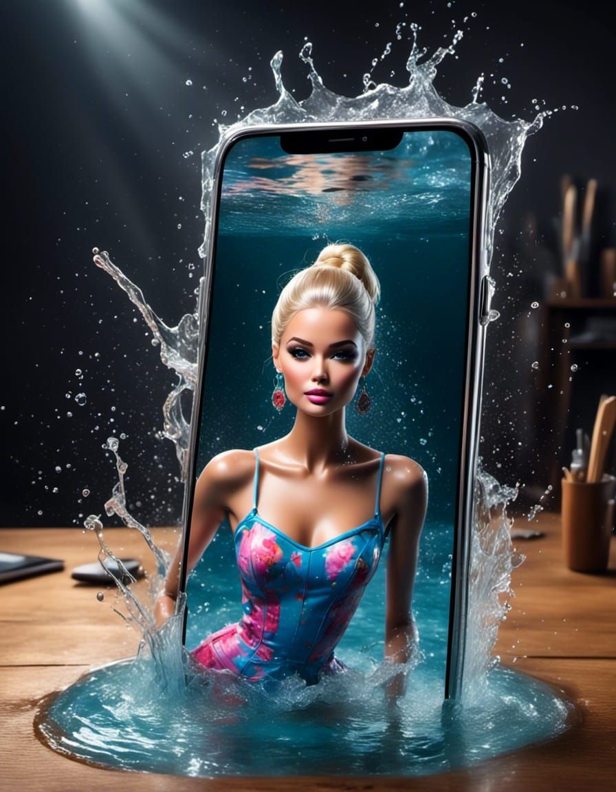 Barbie Emerges From Smartphone Screen, Surreal Scene