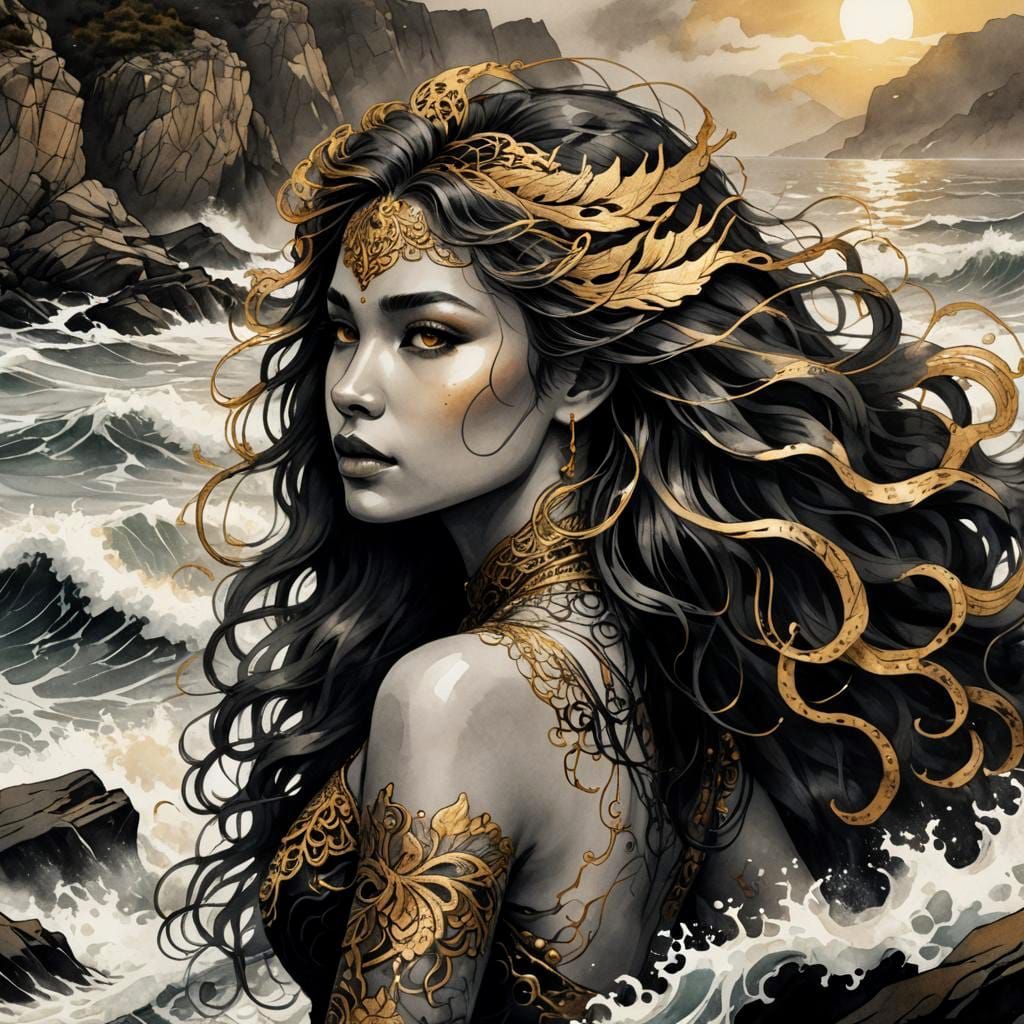 Siren in Black Ink with Gold Highlights
