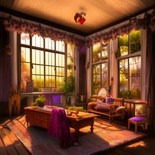 Cosy Dressmaker's Shop with Purple Flowers in Solarpunk Styl...