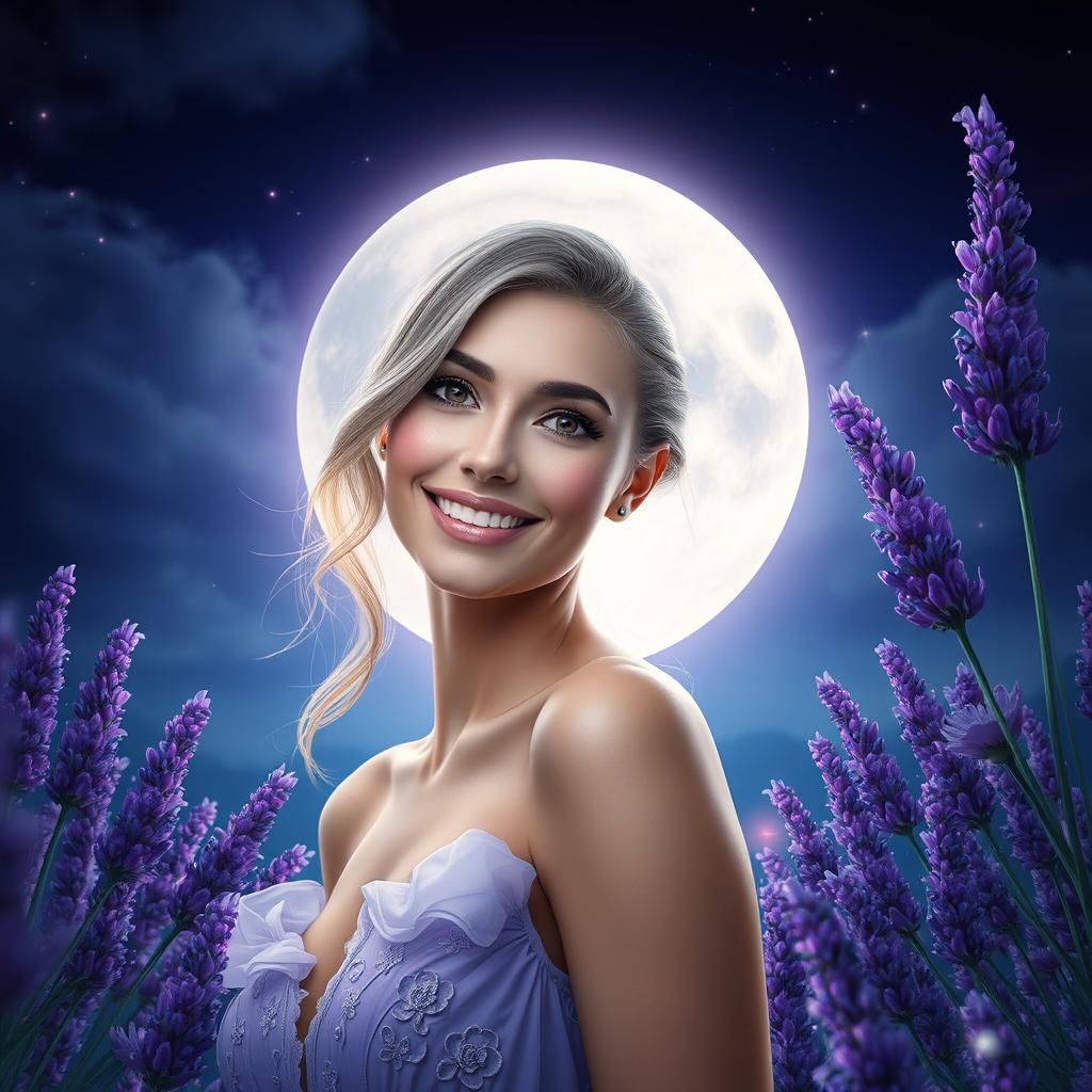 Lavender Woman Under Moonlit Sky: Fantasy Art