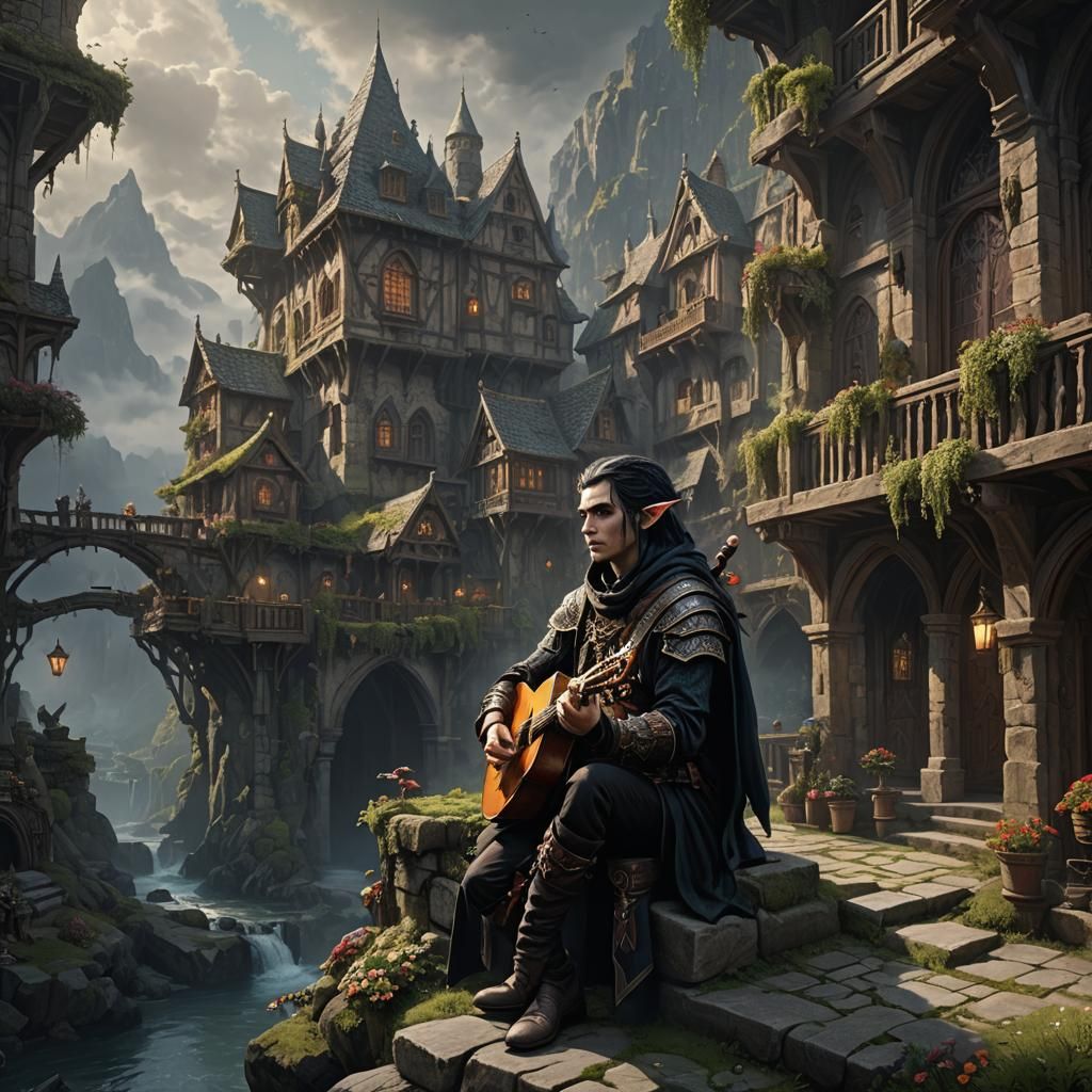 Epic Goth Elf Bard in a Digital Painting