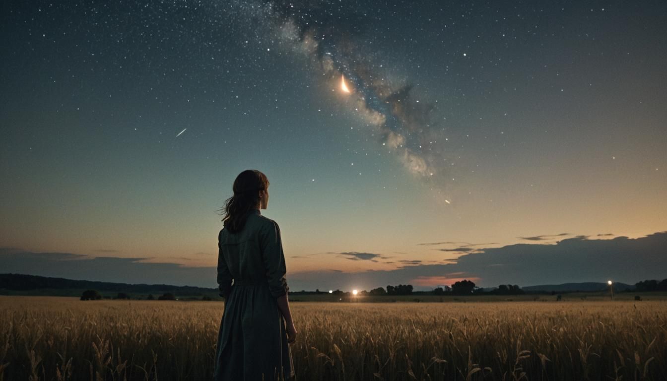 Woman Watches Approaching Object in Night Sky