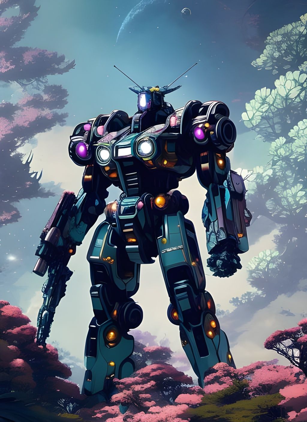 Celestial Mecha Surrounded by Flowers, Digital Rendering
