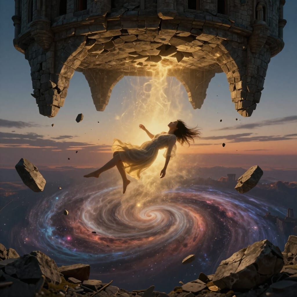 Surreal Dream of Woman Falling Through Cosmic Sky