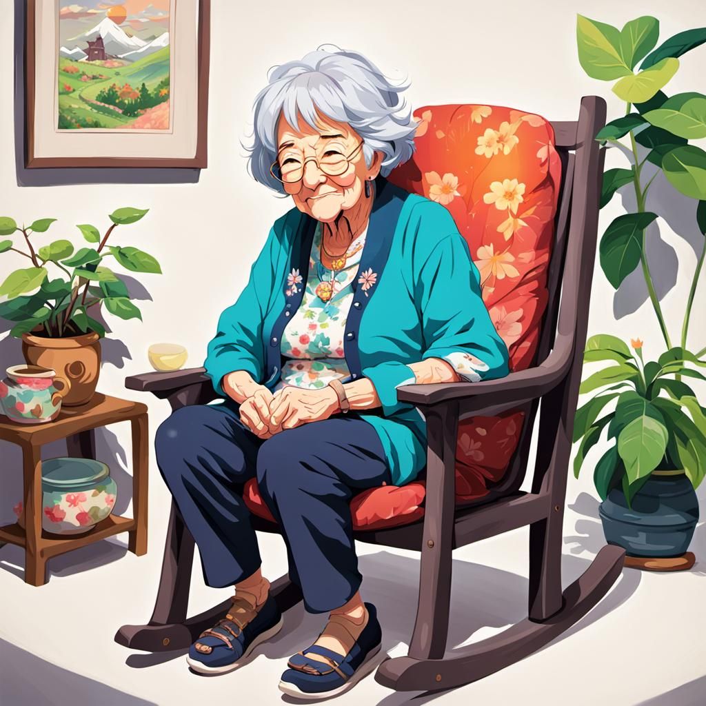 Colorful Anime Grandmother in Rocking Chair