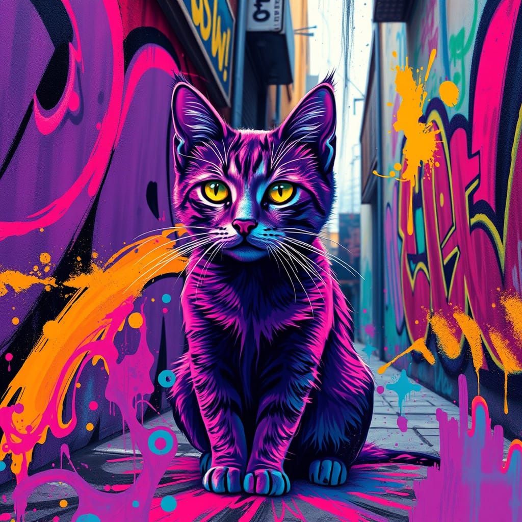 Vibrant Ultraviolet Cat in Urban Graffiti Landscape