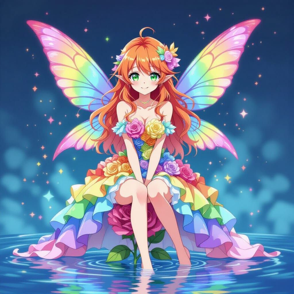 Fairy with Rose Wings in Watercolor Style