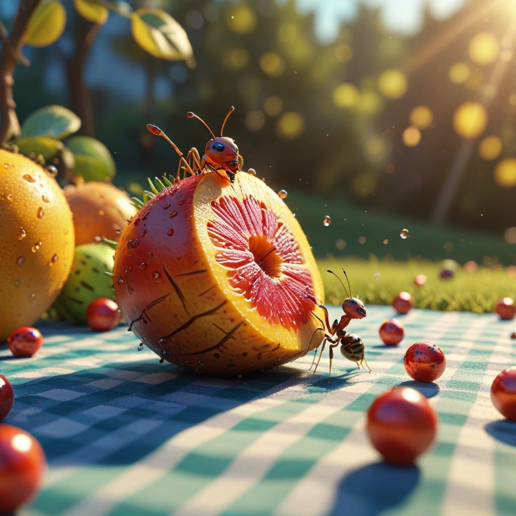 Whimsical Cartoon Ants Admire Gingham Fruit