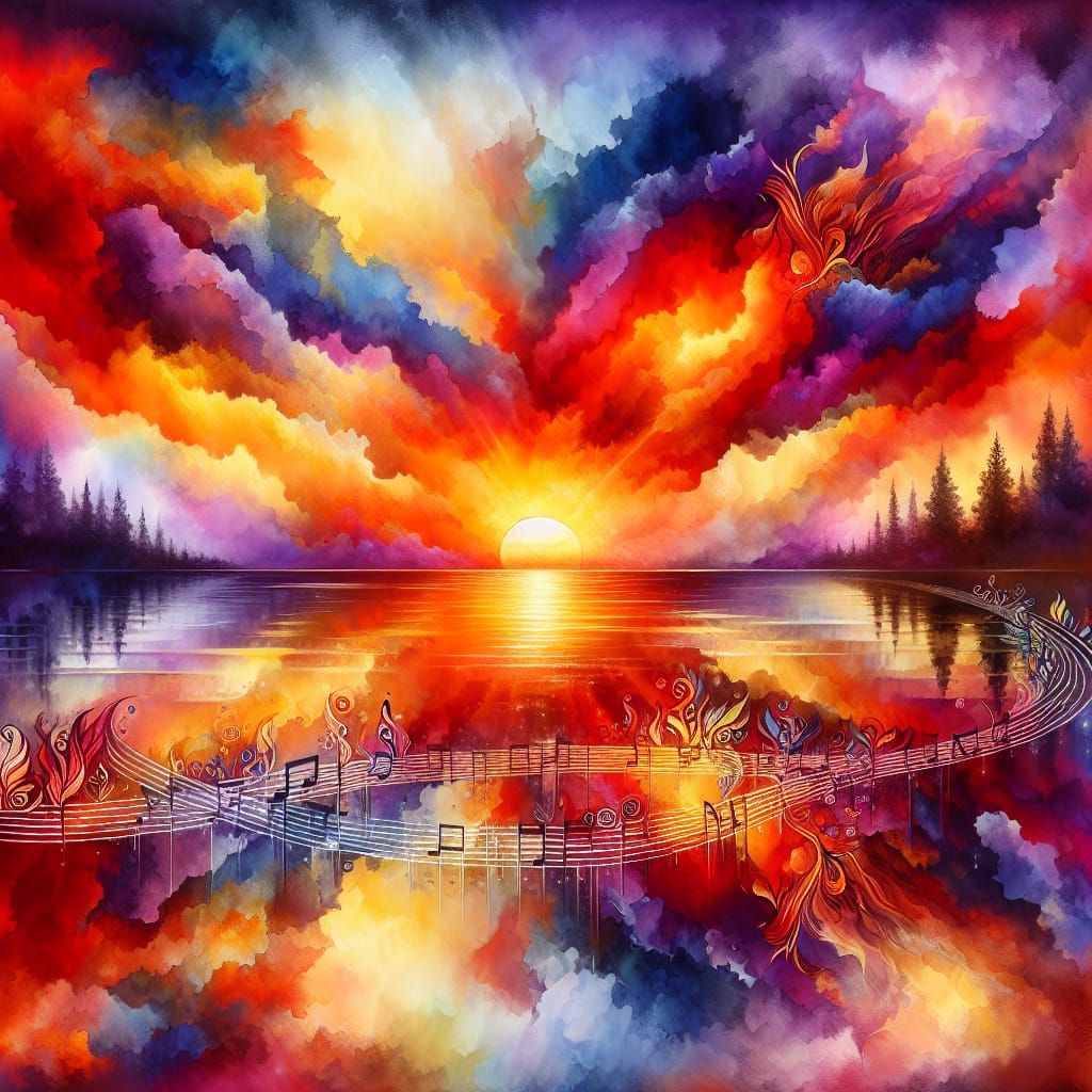Watercolor Sunset Painting with Melodic Symbolism