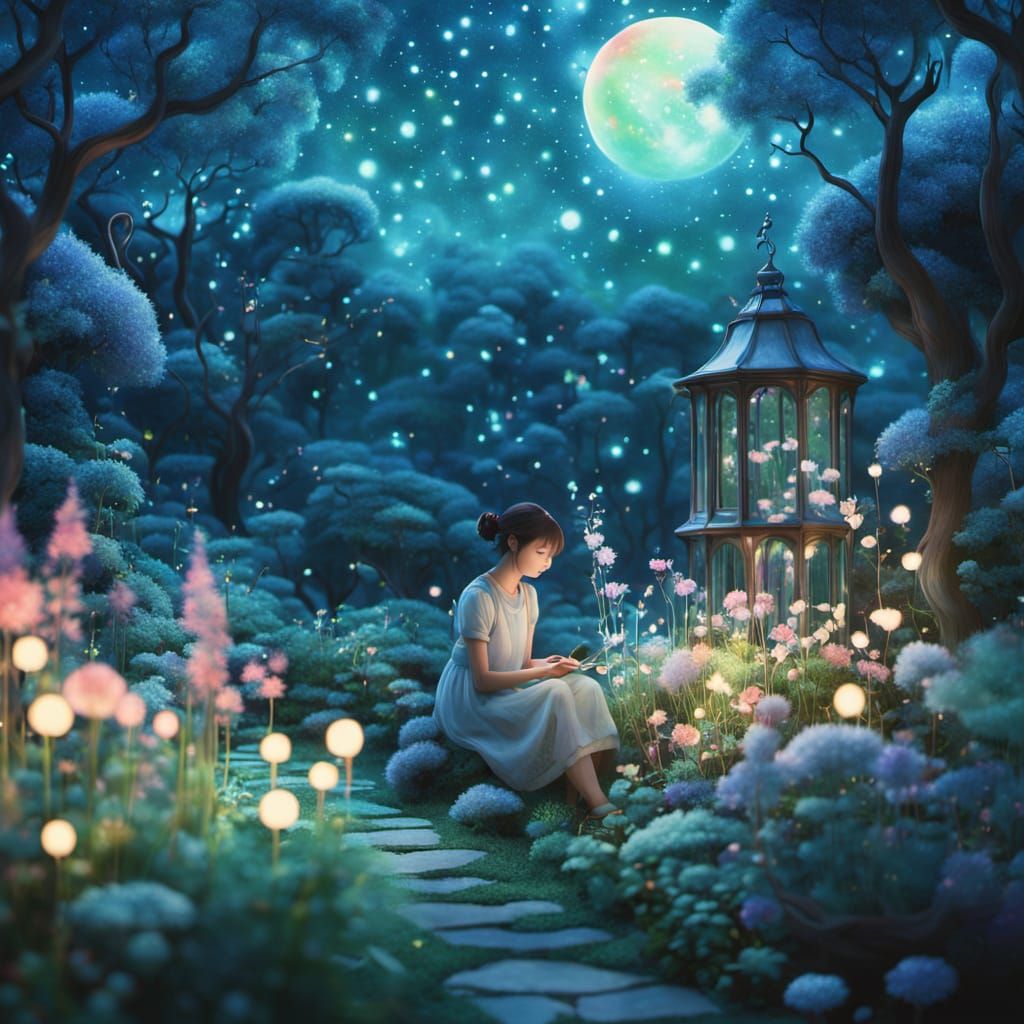 Celestial Gardener in Ghibli-esque Art Nouveau Style