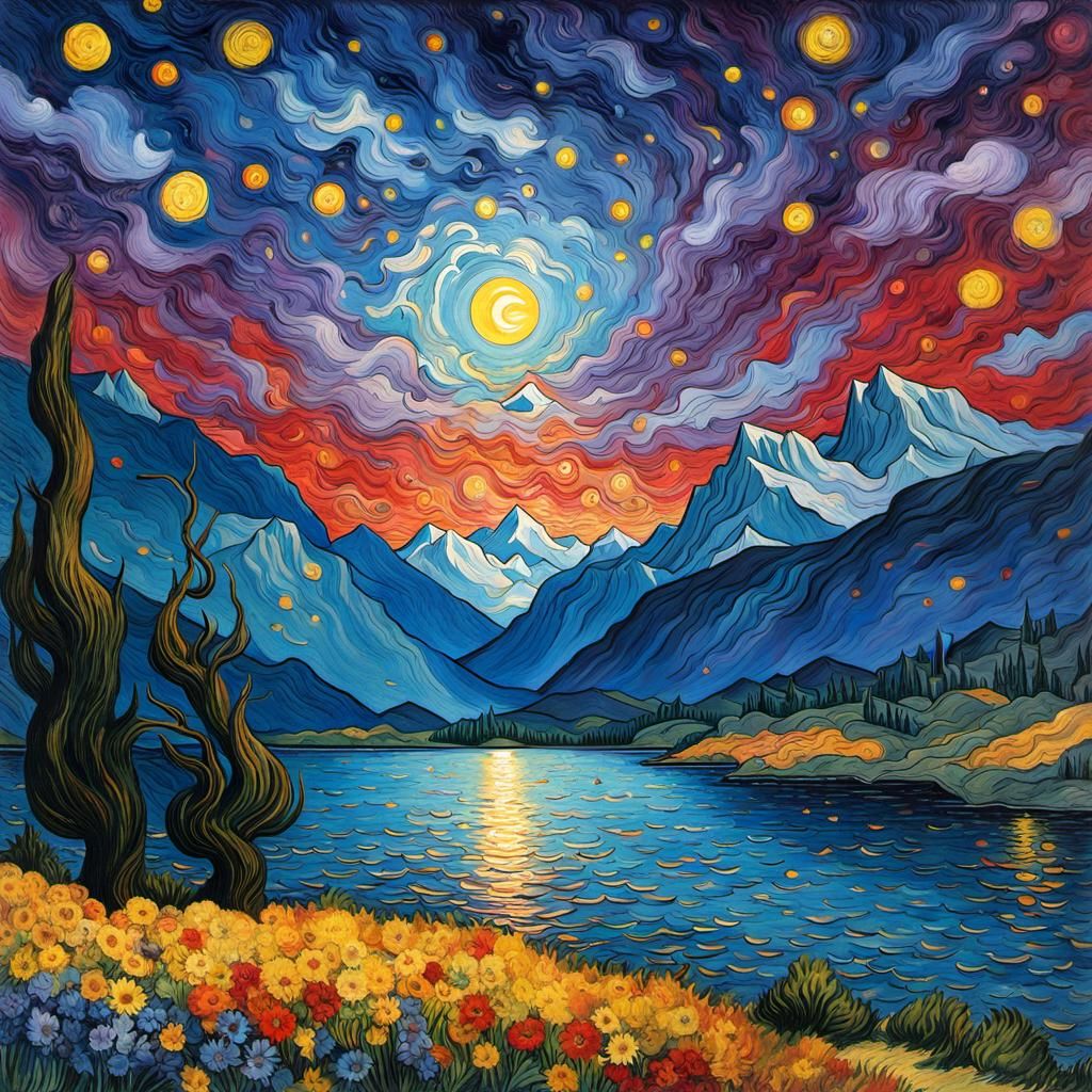 Starry Night Sky with Oak Tree, in Van Gogh Style