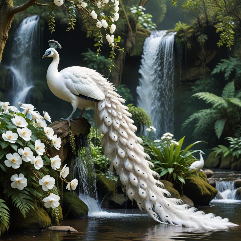 White Peacock Perched Above Forest Waterfall