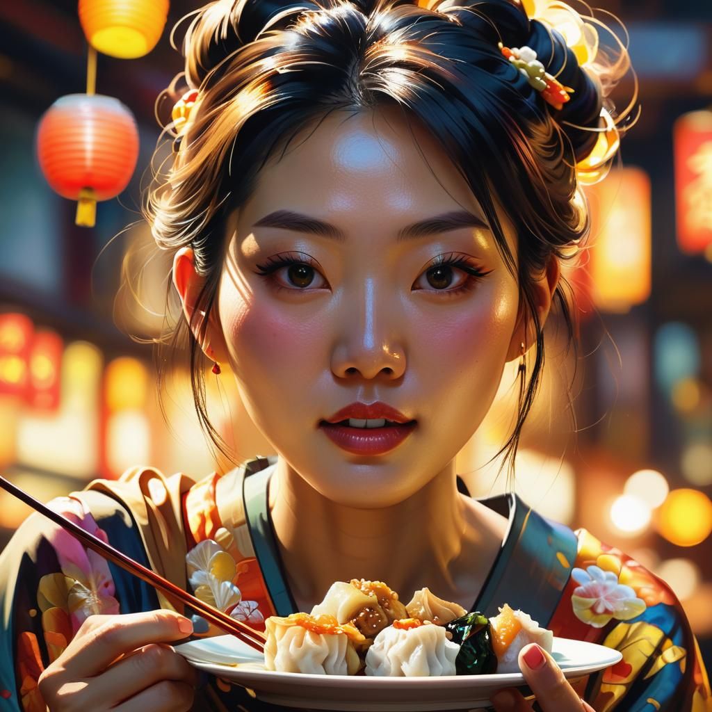 Japanese Woman Eating Dim Sum in Oil Painting Style