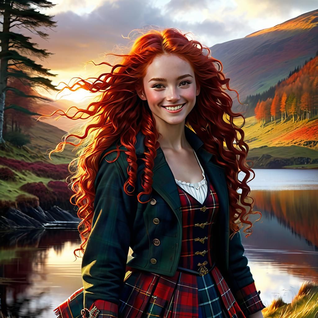 Happy Scottish Woman in Highland Lake Scene