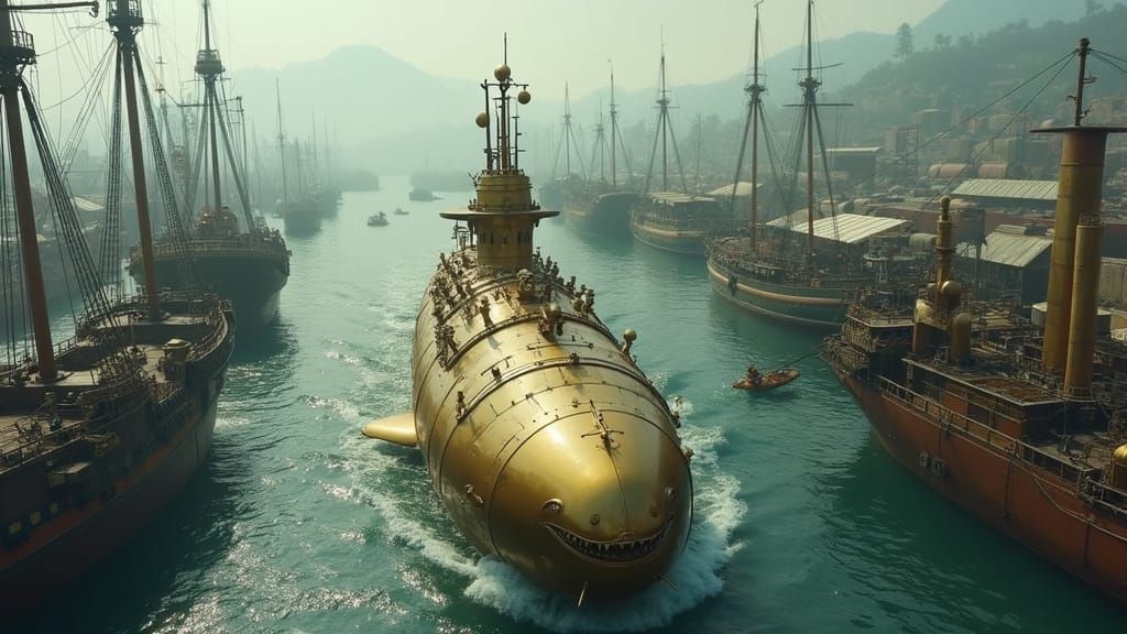 Steampunk Shark Submarine Arrives in Victorian Port