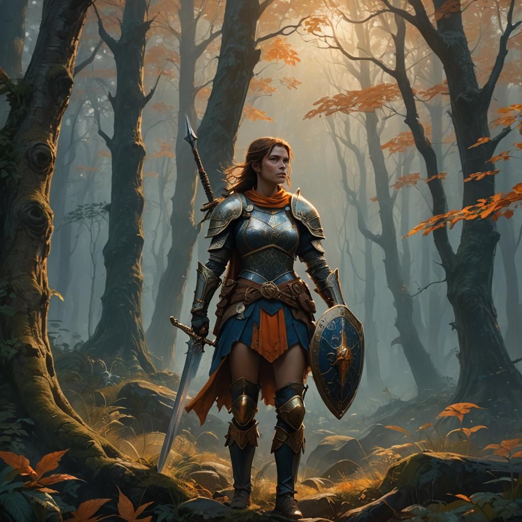 Fantasy Woman Warrior in Mystical Forest