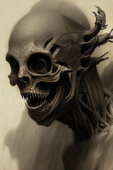 Dissected Demonic Face in Charcoal Drawing Style