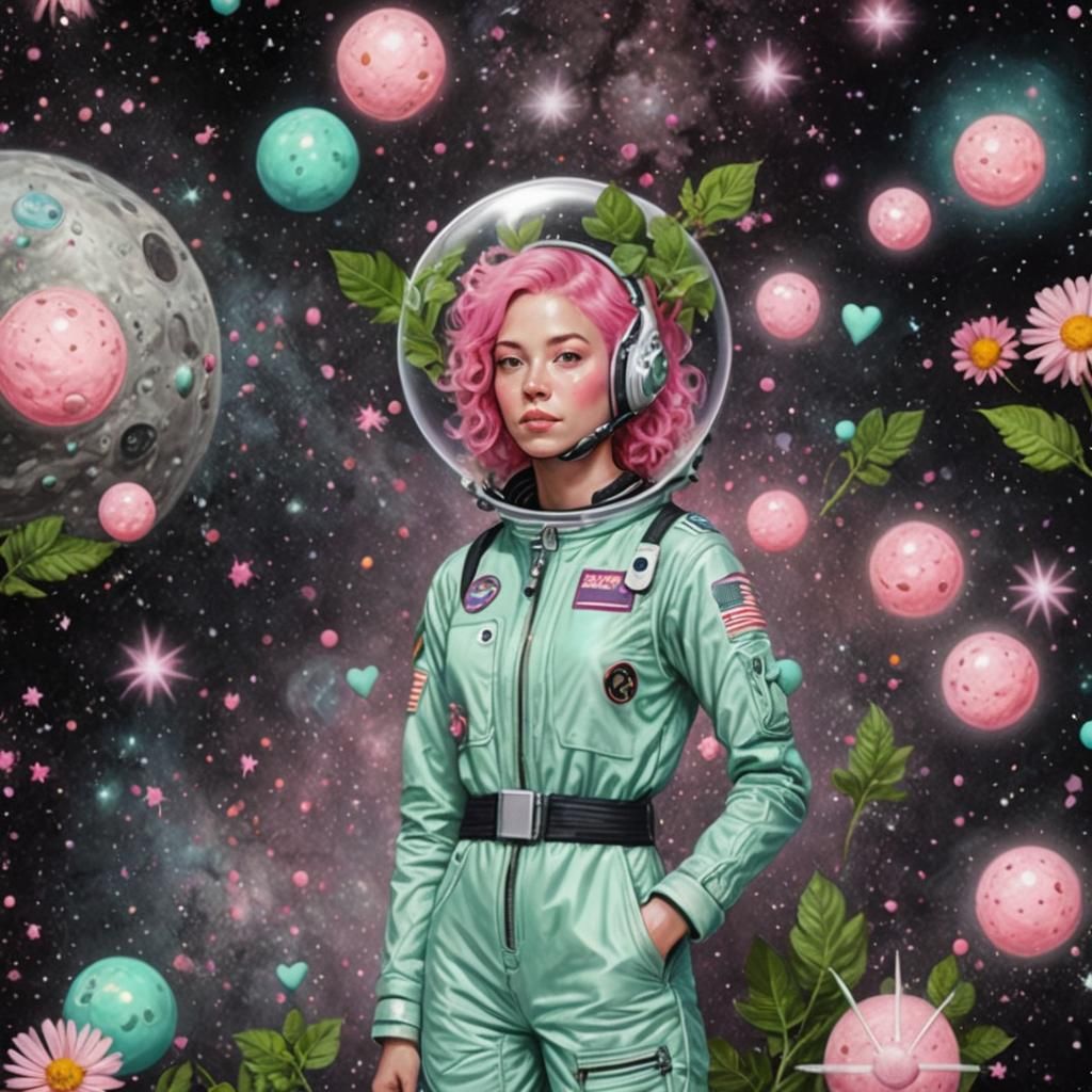 Astronaut with Pink Hair and Plants in Space
