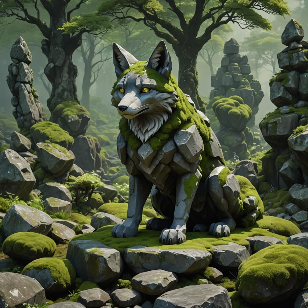 dark gray stone statue golem fox made of rock sculpture; green moss and stone forest background; cracks, crevices, fissu...