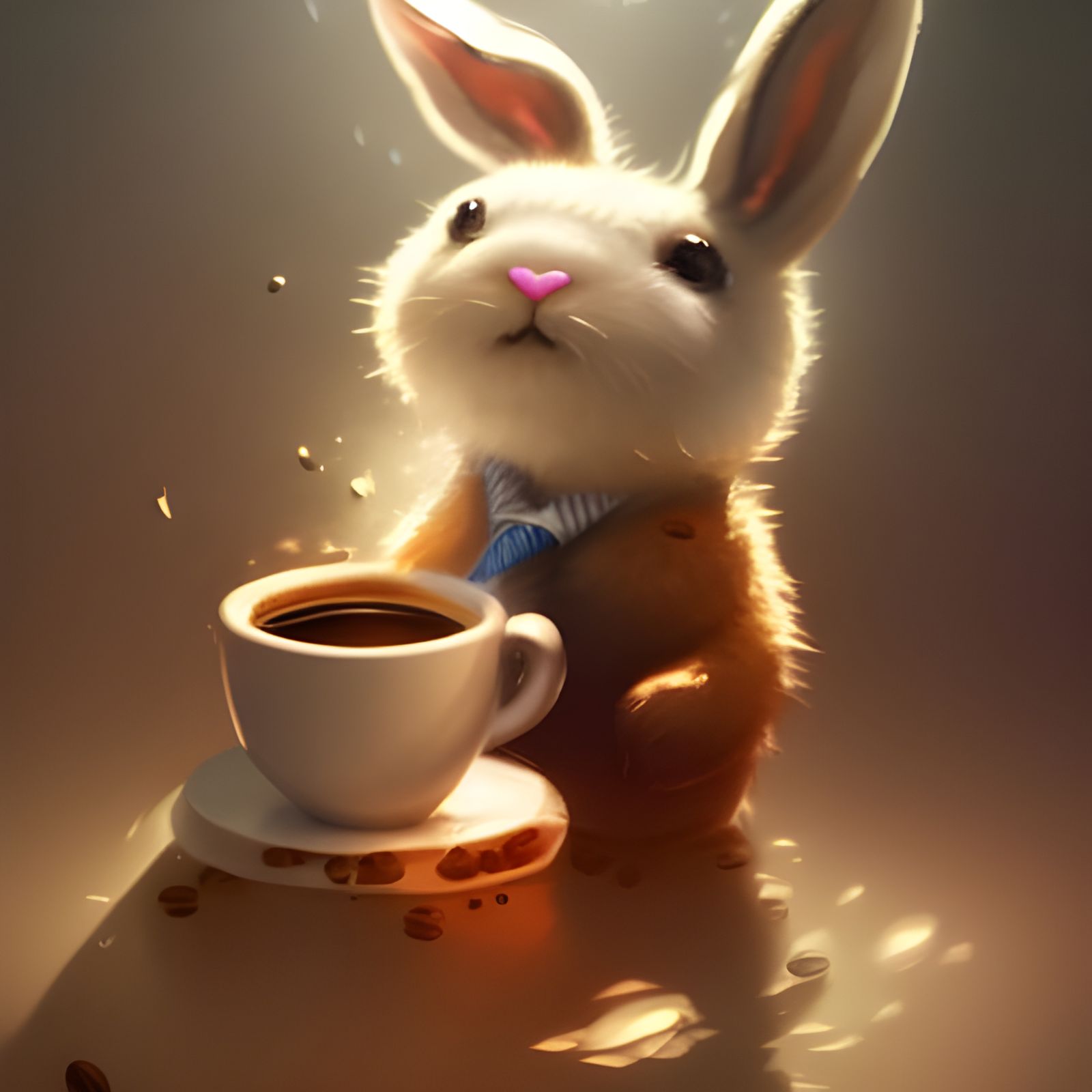 Cute Bunny Hugging Coffee Cup in Hyperdetailed Digital Art