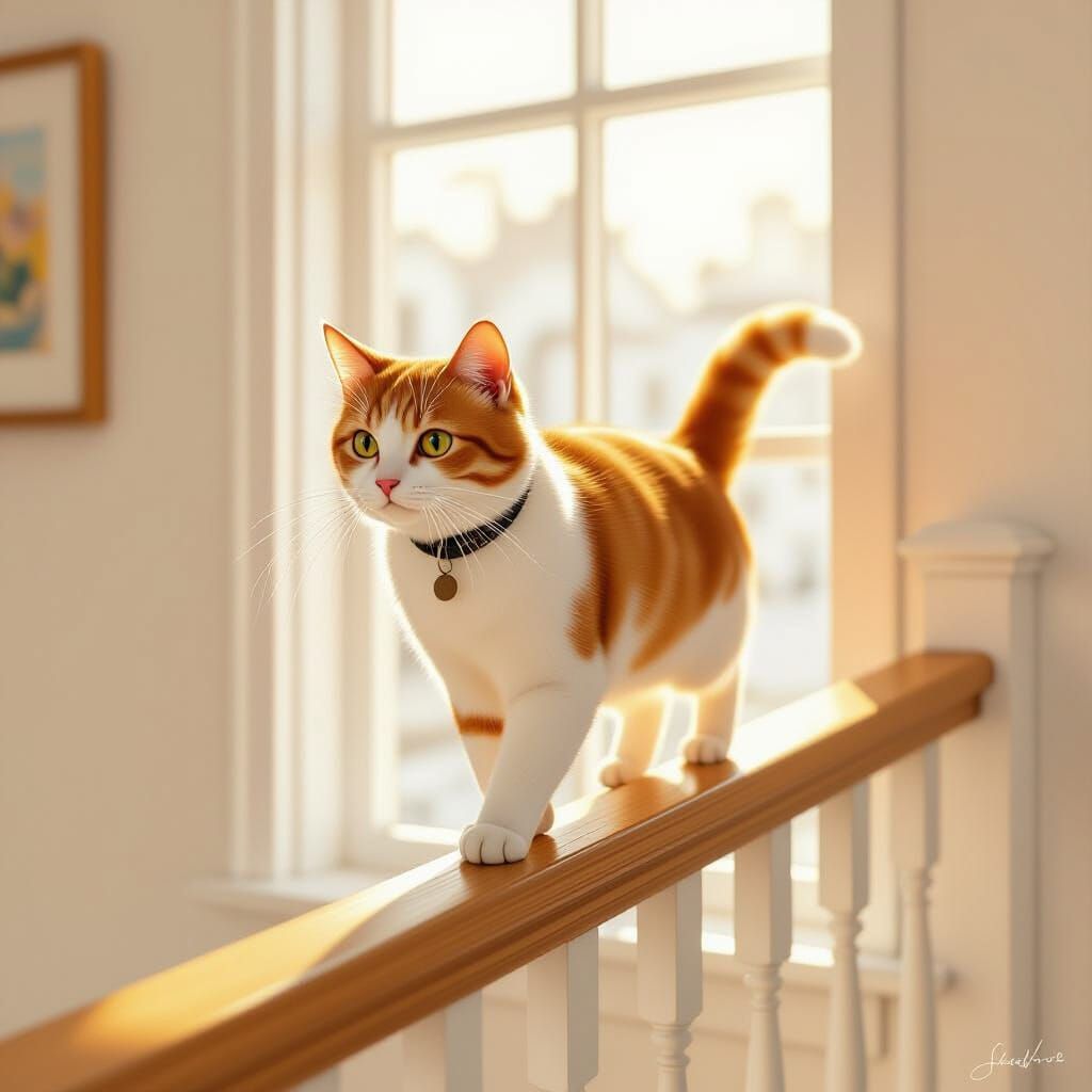 Orange Cat Balances on Railing, Photorealistic Digital Art