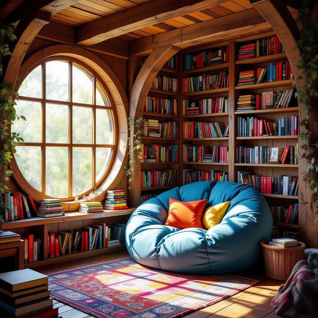 Whimsical Treehouse Reading Nook in Expressionist Style