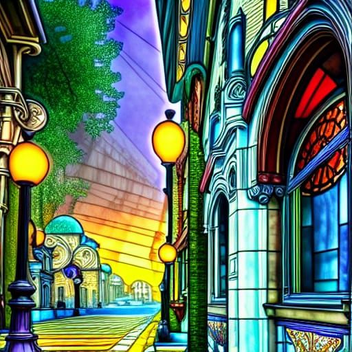 Art Nouveau Stained-Glass City Street in HDR