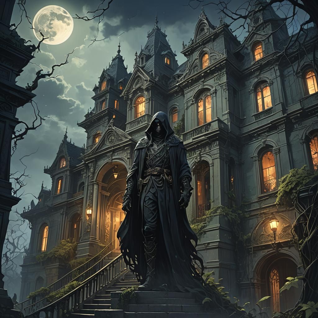 Haunted Mansion Under Moonlight in Dark Fantasy Art