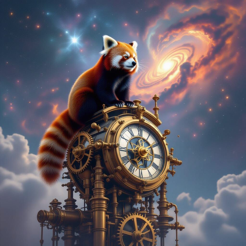 Red Panda on Clockwork Tower Gazing at Nebula Sky