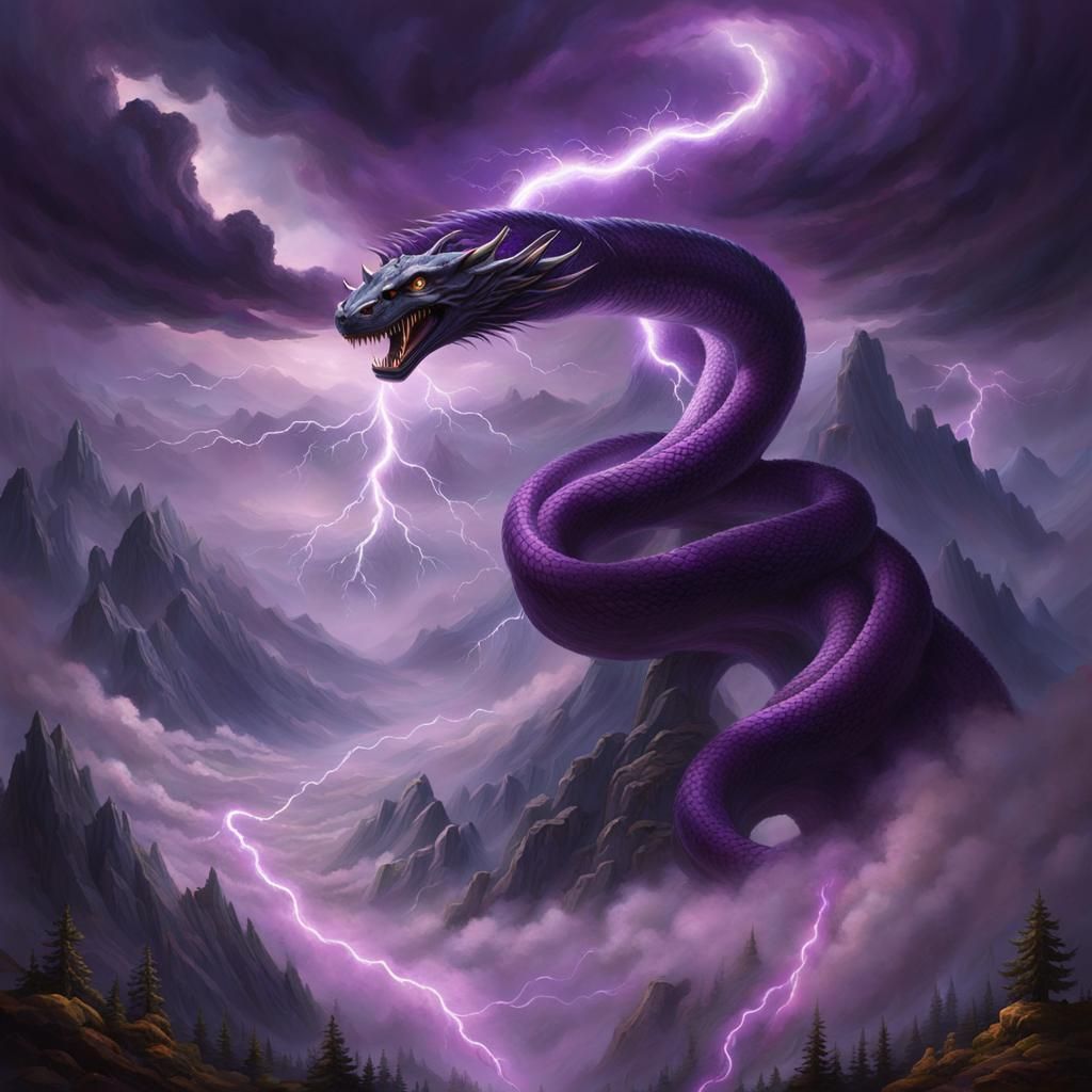 Purple Lightning Snakes Across the Cloudy Sky