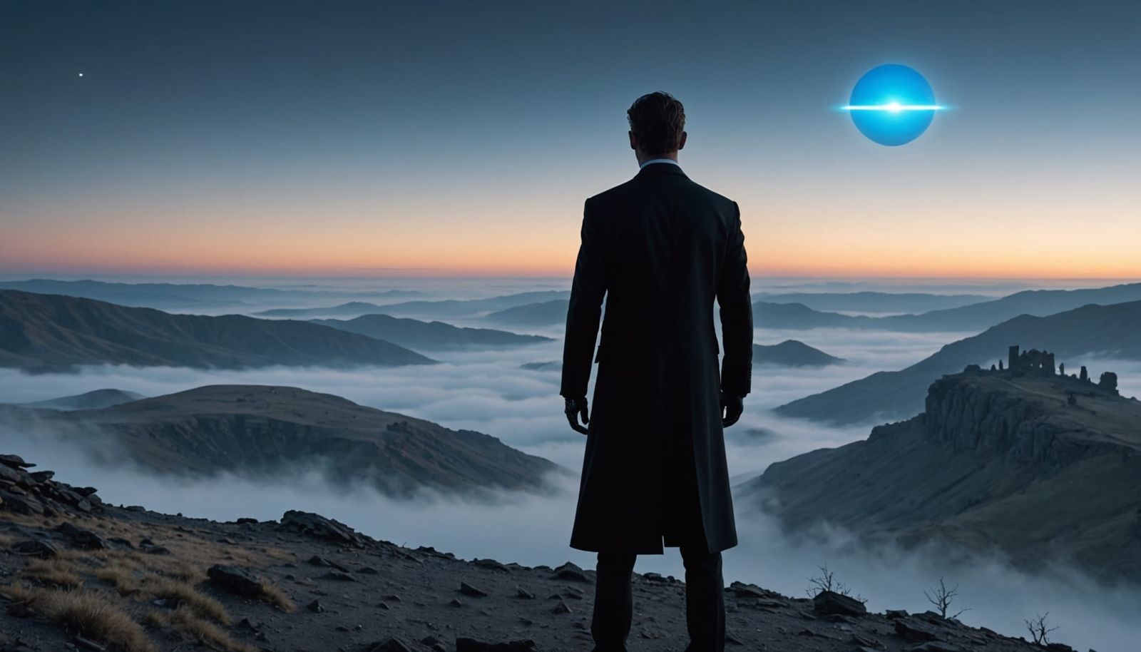 Men in Black Agent Meditating on Ridge at Dawn