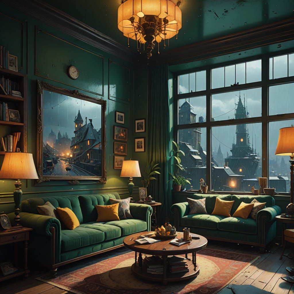 Cozy, Dimly Lit Room with a Touch of Urban Drama