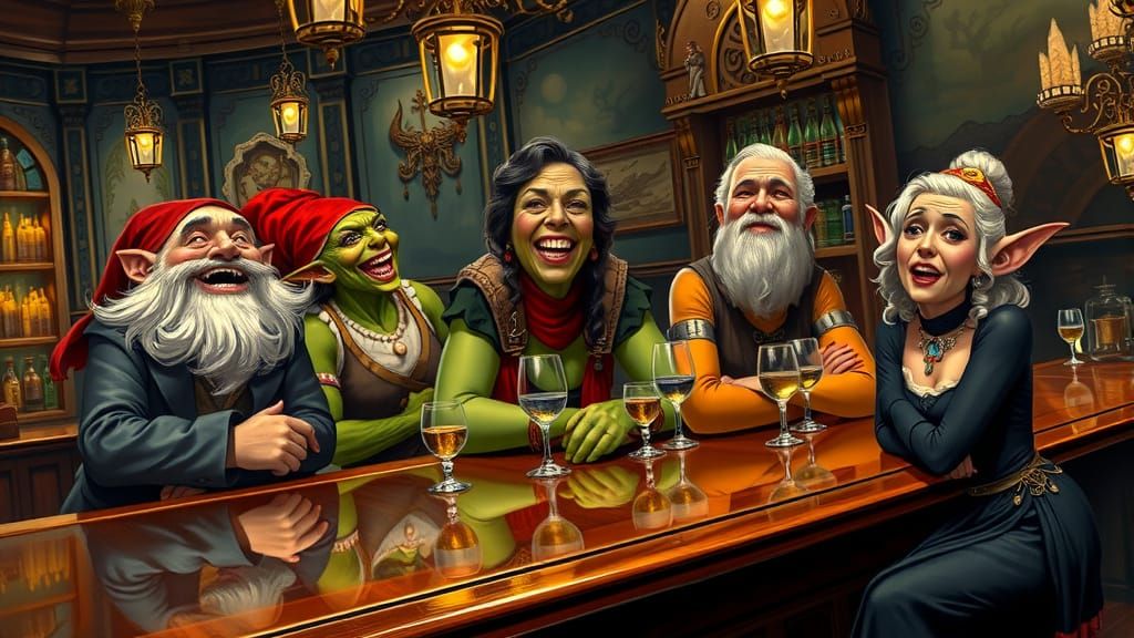 Fantasy Characters Celebrate in Lavish Paris Bar, Art Nouvea...