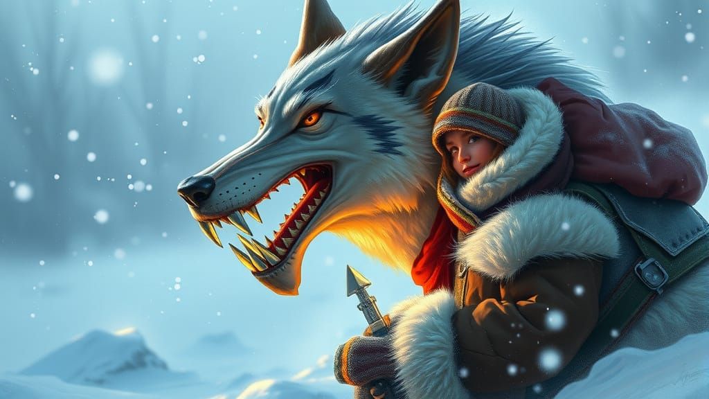 Icy-Toothed Wolf Rescues Travelers: Digital Art