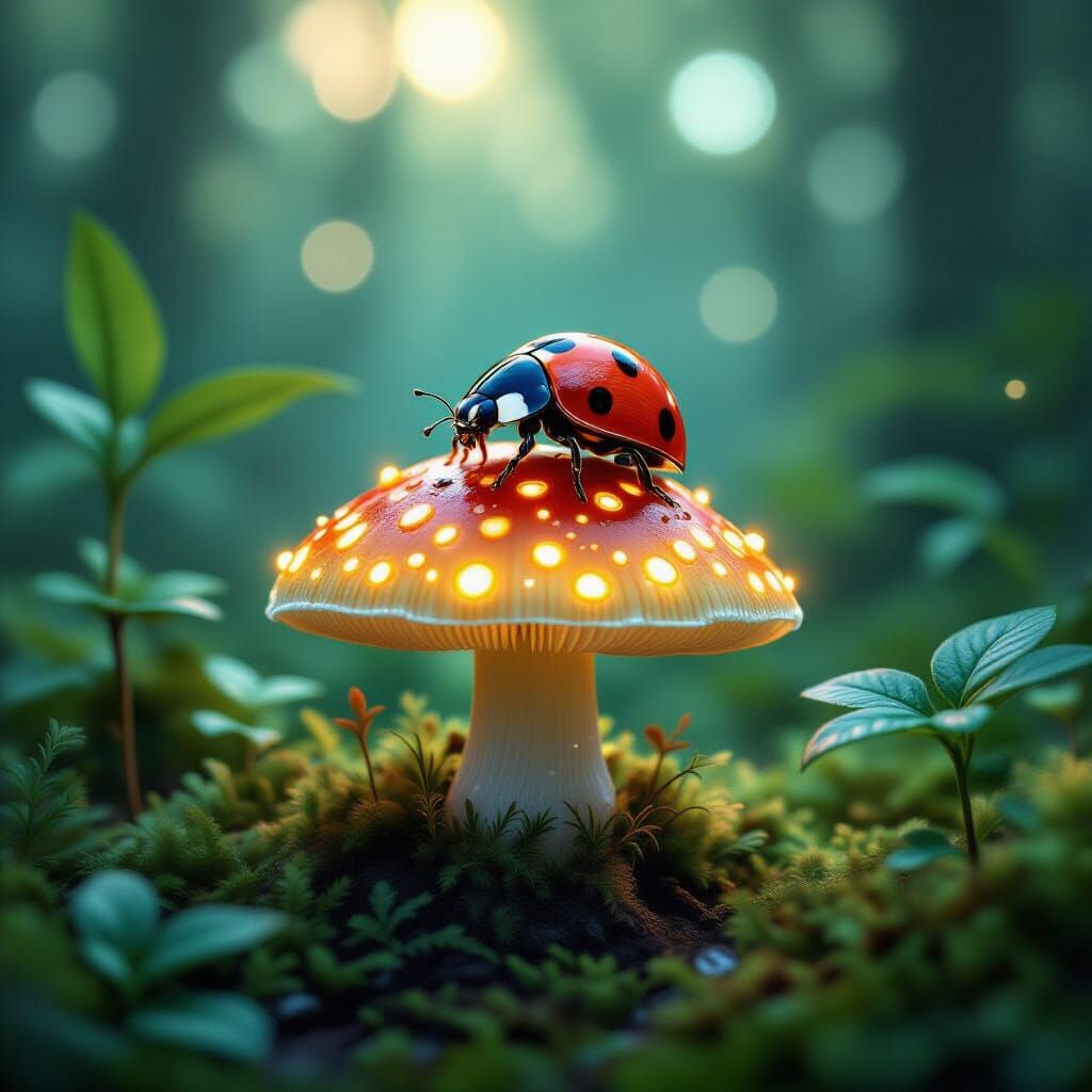 Ladybug on Bioluminescent Mushroom in a Hidden Forest