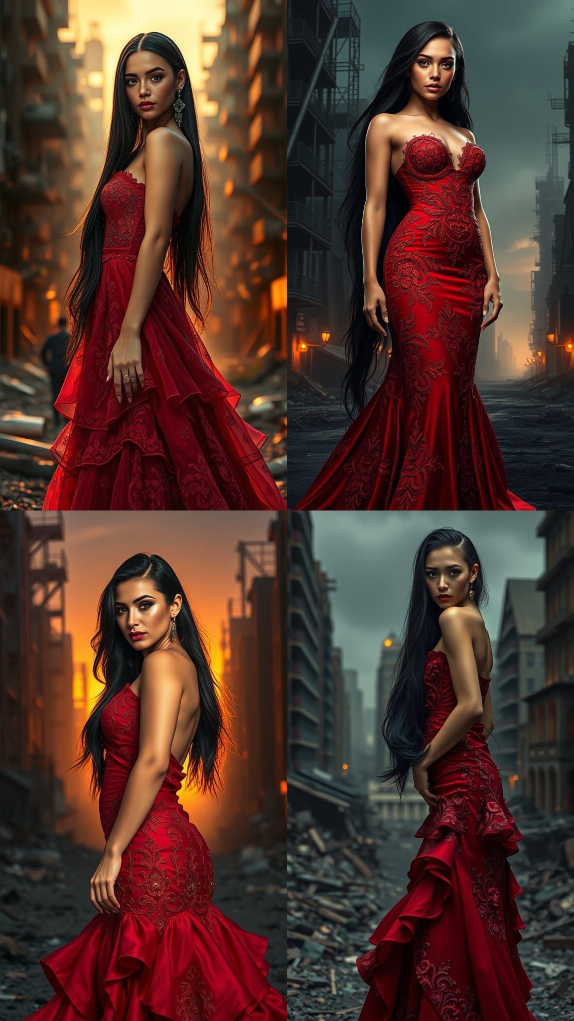 Model in Crimson Gown in Post-Apocalyptic Cityscape