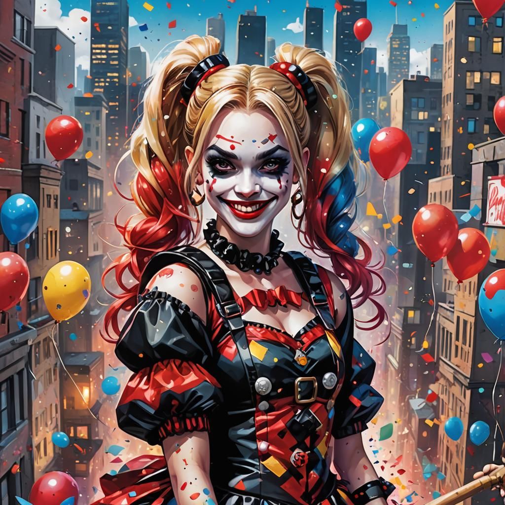 A vibrant and stylized illustration of Harley Quinn in a car...