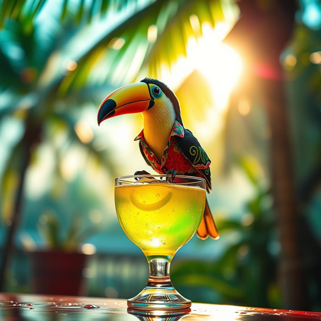 Miniature Toucan in Hawaiian Shirt on Cocktail