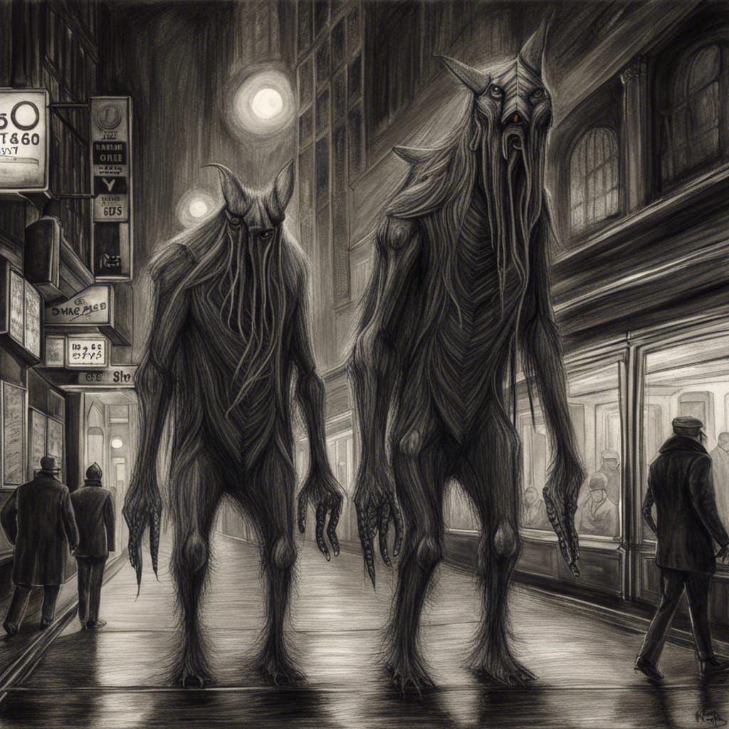 Dark Creatures in Metropolis: Hyperdetailed Charcoal Art