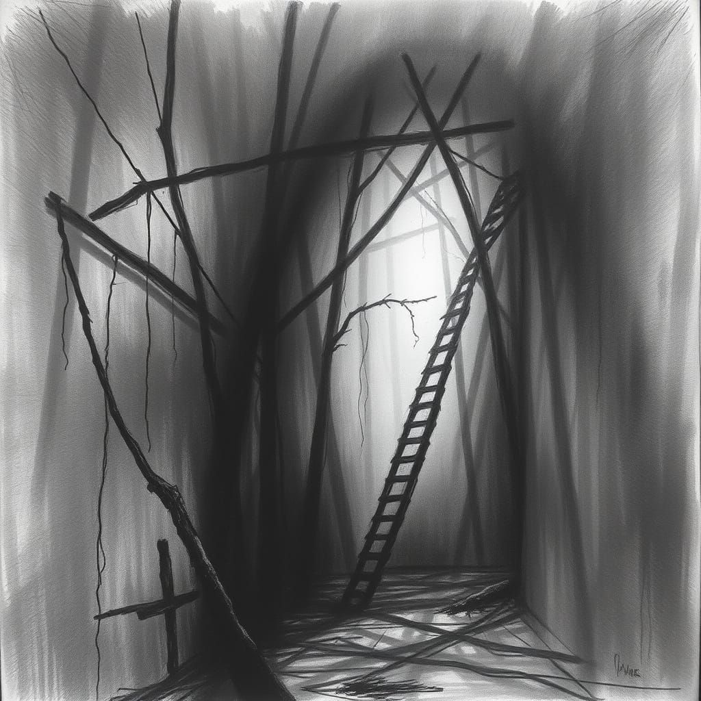 Dark Liminal Spaces in Detailed Charcoal Drawing