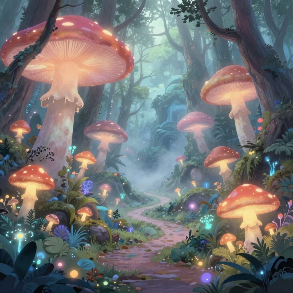 Enchanted Forest With Giant Glowing Mushrooms and Mystical P...