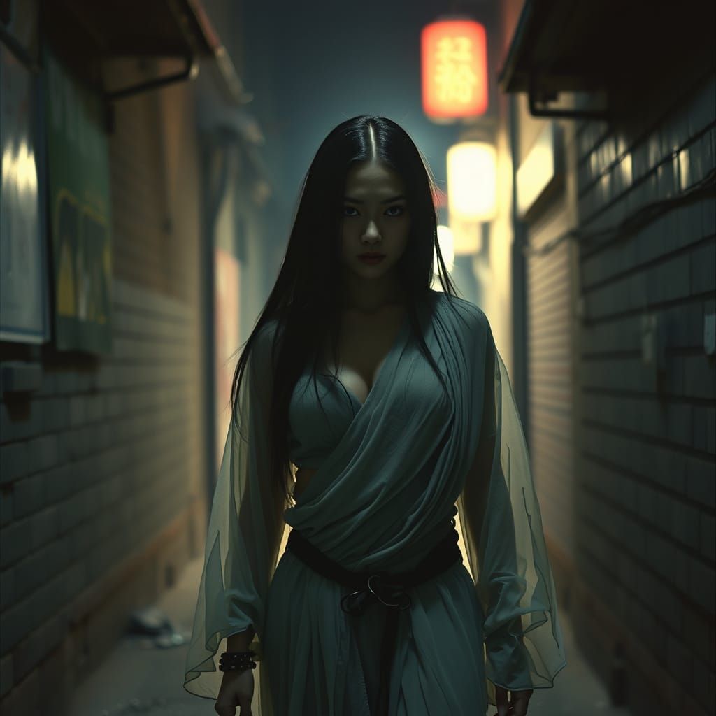 Cyborg Monk in Damp Alley: Cinematic Film Still