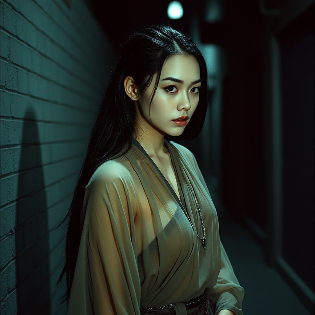 Cyborg Monk in Damp Alley, Cinematic Film Still